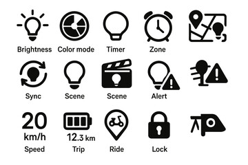 Collection of black icon set on white background featuring light bulb, timer, lock, and bike symbols