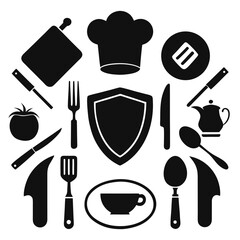 Fototapeta premium Collection of kitchen and cooking utensils and ingredients in black silhouette food