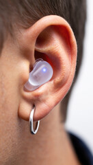 Fototapeta premium Biohacking smart earbud, wearable neural tech, in-ear health tracker, digital wellness device, cognitive enhancement tool, quantified self technology, futuristic biosensor