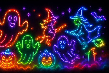 Neon Halloween witches poster, kids Halloween designs 