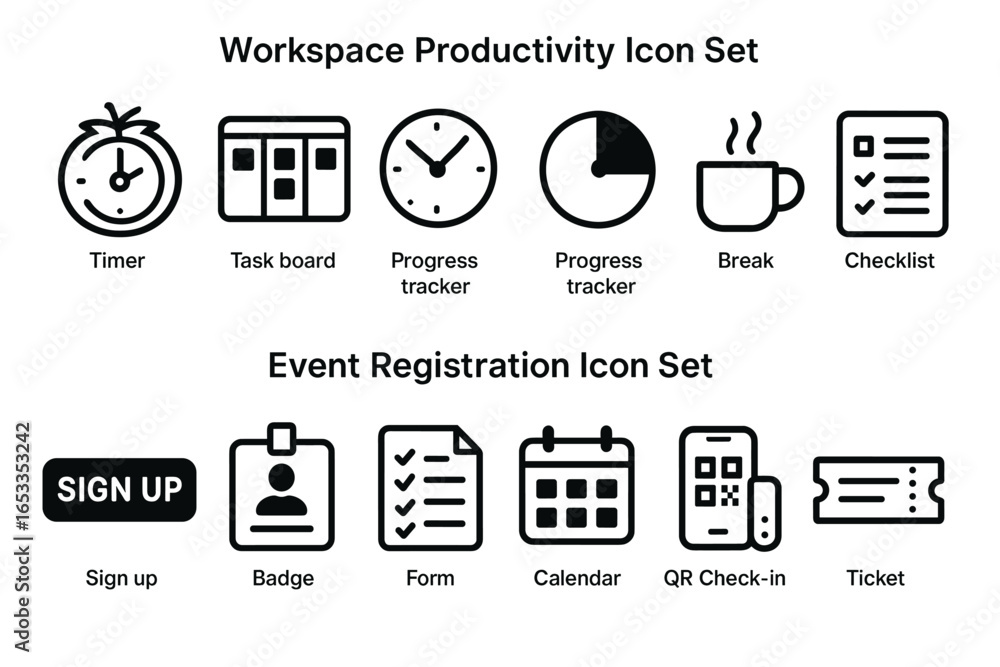 Poster workspace and event registration icon set with productivity and organizational tools