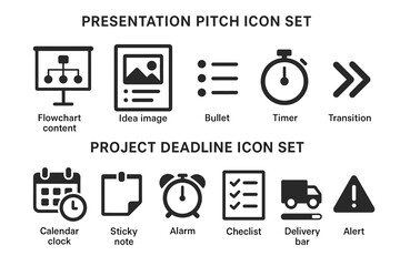 Presentation and project deadline icon set featuring flowchart, timer, checklist, and more