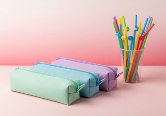 Pastel pencil cases and colorful drinking straws on pink background