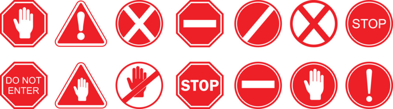 Set stop red sign icon with white hand, do not enter. Warning stop sign stock of vector illustration.
