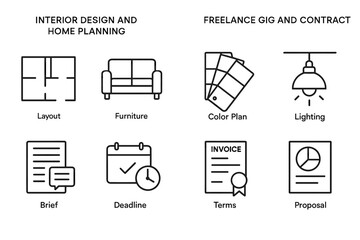 Interior design and freelance management icons: layout, furniture, color plan, lighting, contracts