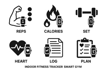 Smart gym icons: fitness tracker, workout plan, heart rate, calories, reps, set