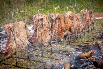 Traditional ground fire ribs, a typical and iconic gaucho barbecue prepared in a rustic, original,...