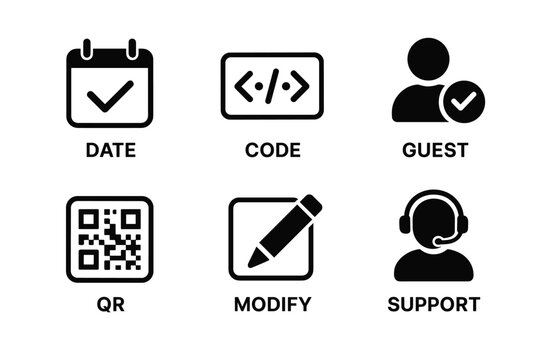 Icon set featuring date, code, guest, qr, modify, and support symbols