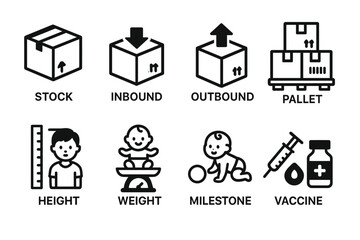 Logistics and child development icons: pallets, vaccines, growth indicators