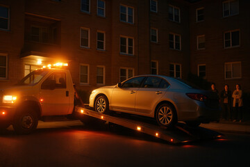 Car repossession process due to auto loan delinquency nighttime vehicle recovery urban setting repo man's viewpoint