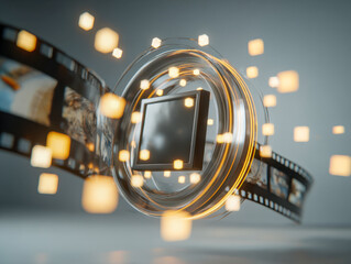 Digital media reel concept with a central screen and film strip surrounded by glowing light particles