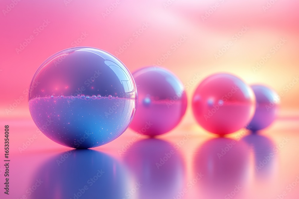 Poster floating sphere shapes create a vibrant display against a colorful gradient background