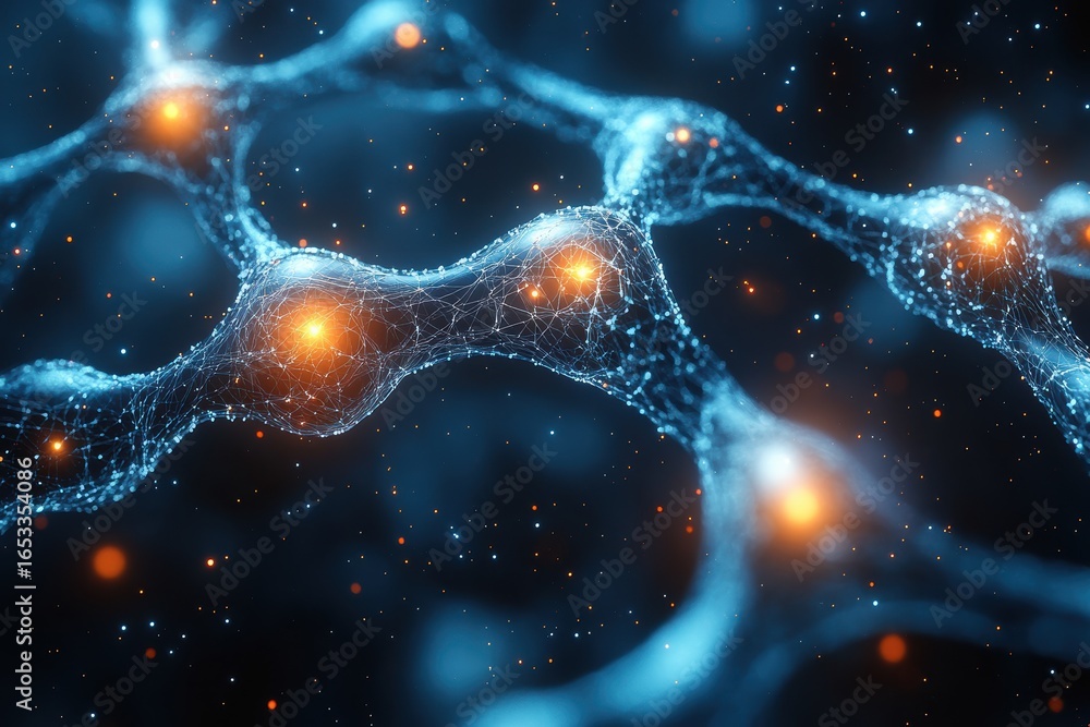 Poster abstract neural network structure presenting connections and glowing nodes in dark background