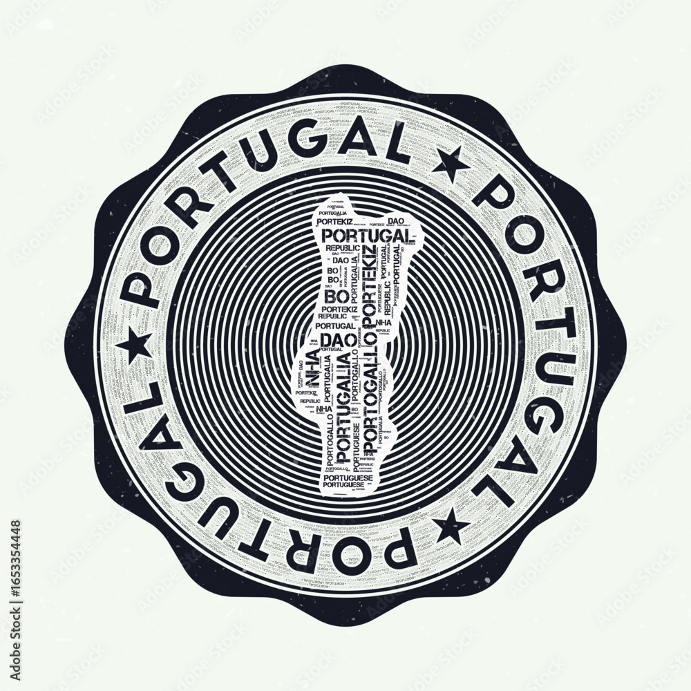 Poster portugal seal. country round logo with shape of portugal and country name in multiple languages word