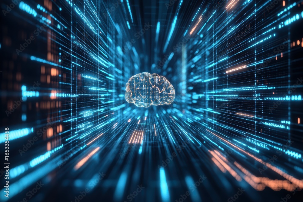 Poster digital brain constructed from glowing lines illustrating advanced technology and data flow