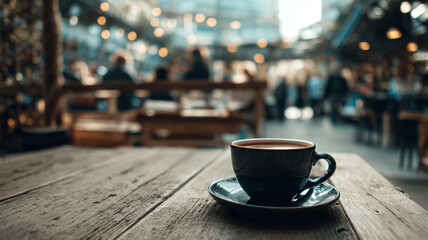 Fototapeta premium A Coffee on an Outdoor Table at a Busy Cafe