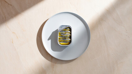 Canned sardines on minimalist plate, elevated preserved seafood, modern food styling, omega-3 protein source, clean aesthetic presentation, tin fish concept dish