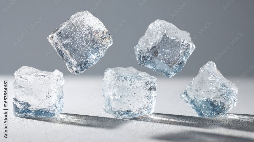 Poster ice cubes on a reflective surface with soft shadows. cooling and refreshing concept for beverages
