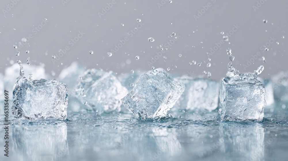 Poster ice cubes splashing in water with droplets in motion. refreshing and cool concept for beverages