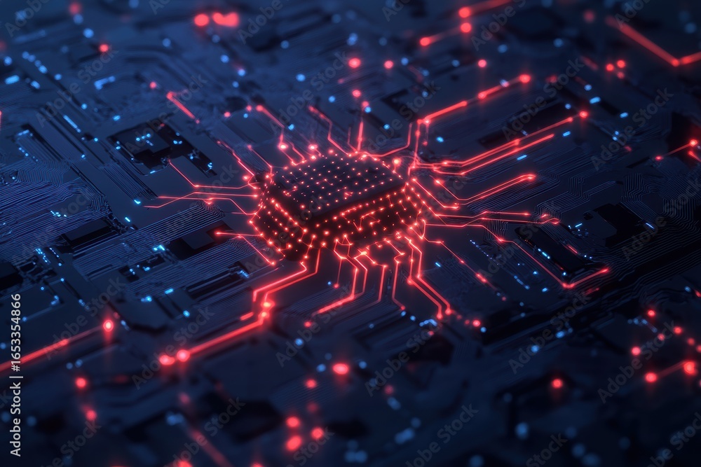 Poster intricate abstract graphic layout showcasing a circuit board with glowing elements