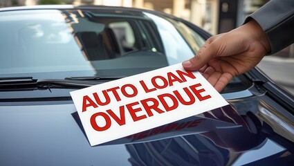 Auto loan delinquency notice on vehicle city street informative image urban environment close-up view car repossession process