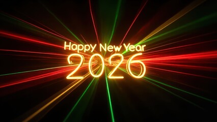"Happy New Year 2026" text made of bright glowing letters on a background with abstract red and green light rays, a futuristic new year mood