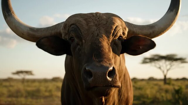 Ankole-Watusi bull with giant horns standing on African savanna

