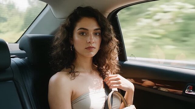 Serious woman passenger in rear taxi seat looking directly at camera while orbital cinematography captures professional urban portrait