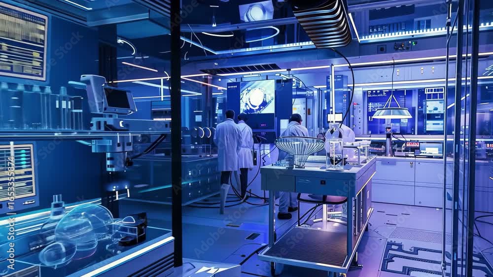 Poster high-tech laboratory with scientists working on advanced experiments and research in a futuristic se