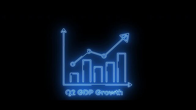 Neon glowing bar chart with arrow symbolizing Q2 GDP growth, economy and financial success
