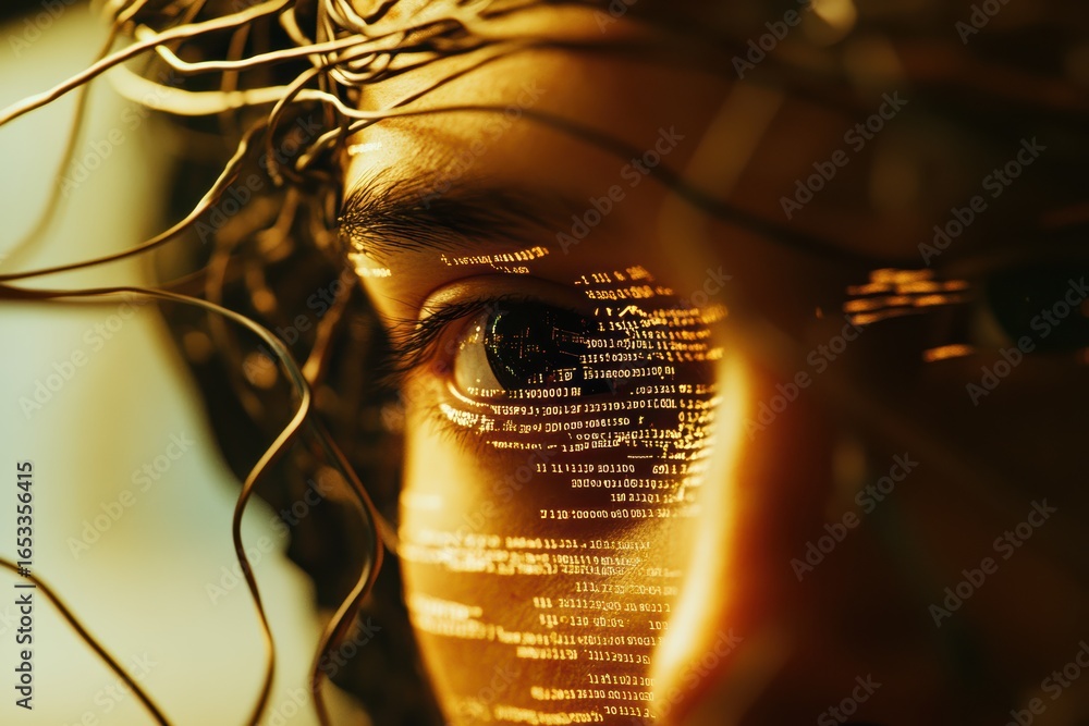 Poster human face partially obscured by machine code and wires merging technology with identity