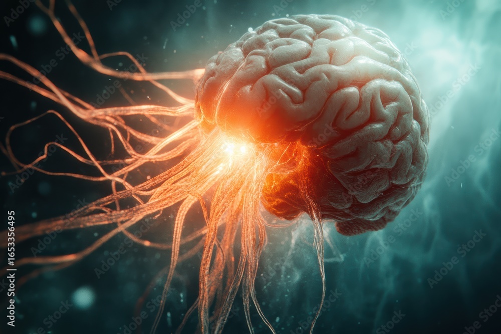 Poster pulsating matrix-style brain emitting vibrant light in an abstract environment