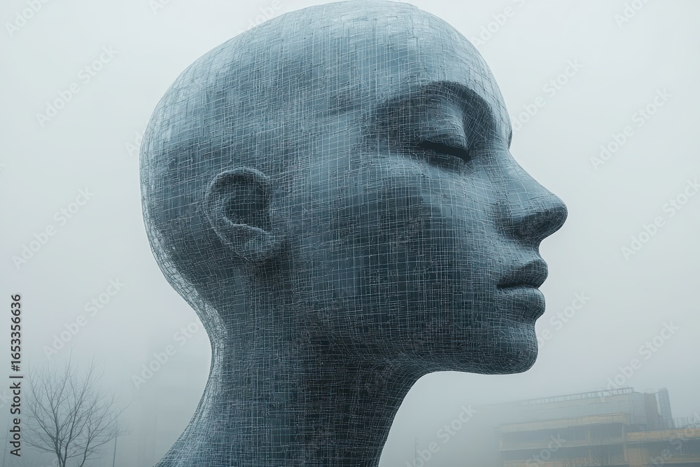 Poster neural net overlays create intricate head silhouettes in a foggy urban environment