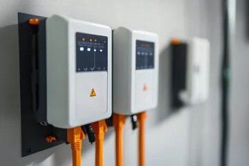 Smart grid technology with energy-saving devices mounted on a wall in a modern setting