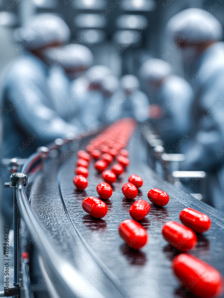 Poster automated assembly line with red components in a high-tech manufacturing facility