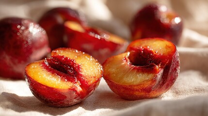   A cluster of peaches positioned atop a fabric square alongside one another on a pure white cloth