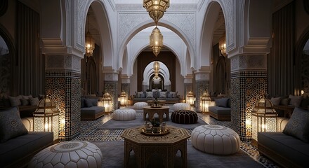 Luxurious cozy Moroccan interior with intricate mosaic tiles and glowing lanterns at night