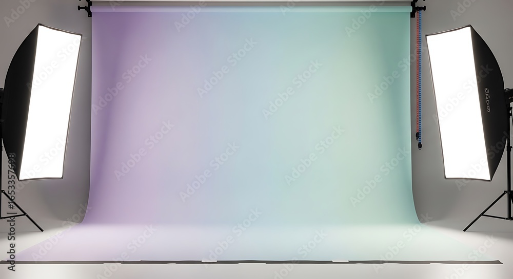 Poster a professional photography studio setup with softbox lighting and a gradient backdrop, creating an i
