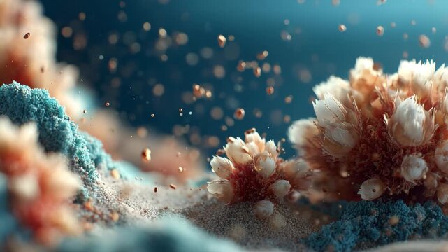 Underwater close-up of vibrant coral reefs pink, orange, blue, natural lighting, water current indicated by bubbles, potential photograph for illustrative purposes, low legibility due - AI-Generated