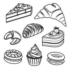 Illustration of various pastries including cake slices croissants cupcake and donuts in black and white style on transparent background