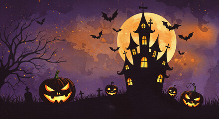 Watercolor Halloween night background with haunted house silhouette, glowing pumpkins and bats.