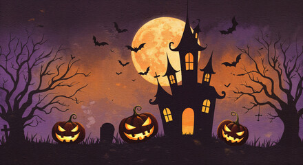 Hand-painted Halloween background with haunted house, jack-o-lanterns, spooky trees and full moon