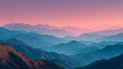 Mountains rise in layers at sunset. Hazy, abstract landscape with pink sky for web, design, and marketing.