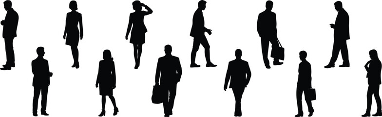 Business people silhouettes, corporate professionals, black vector icons, office attire, walking poses, briefcase holding, workplace concept, team illustration, design element