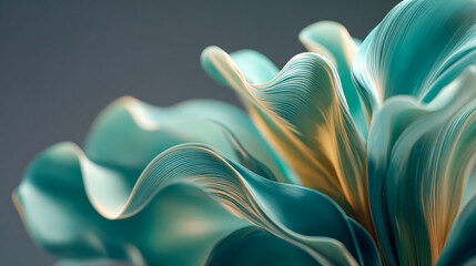 Abstract teal-gold folds flow, ideal for design, marketing, web. Concept: fluidity, softness, elegance. Wavy texture catches light on a neutral gray background.