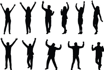 Celebration silhouettes, people in victory poses, raised arms, clenched fists, black vector icons, joyful movement, dynamic gesture, achievement concept, illustration