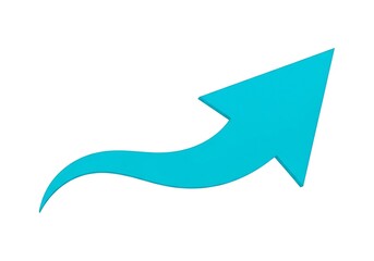 Blue curved arrow ascending upwards on a white background