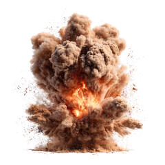 A powerful explosion generating a massive, swirling cloud of brown dust and fiery orange center