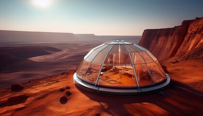 high tech transparent tent with solar panels perched on the edge of a mars like crater