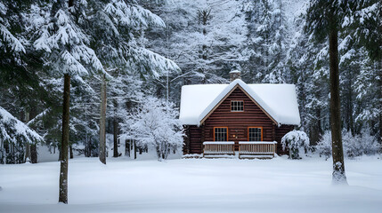 Winter Cabin in Snowy Forest:  A Peaceful Nature Scene